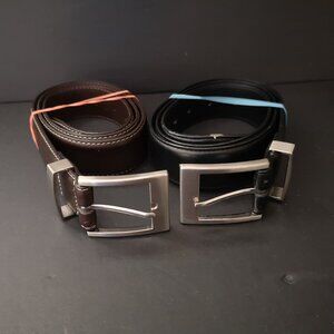 2 - Unbranded Men's Leather Belts w/ Heavy Silver Tone Metal Buckle Size 34